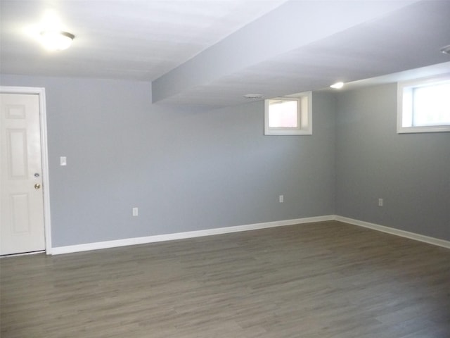 basement featuring plenty of natural light and dark wood-type flooring