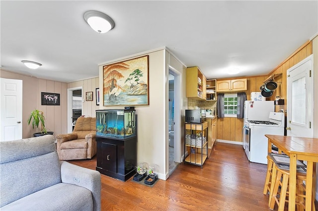 living room featuring wood walls and dark hardwood / wood-style flooring