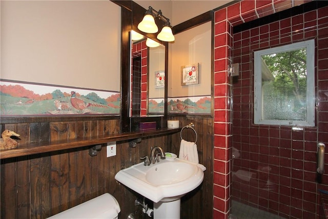 bathroom featuring wooden walls, sink, and toilet