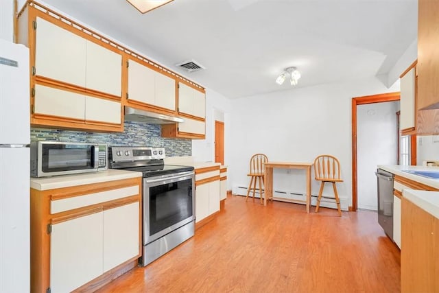 kitchen featuring stainless steel appliances, a baseboard heating unit, ventilation hood, white cabinets, and light wood-type flooring