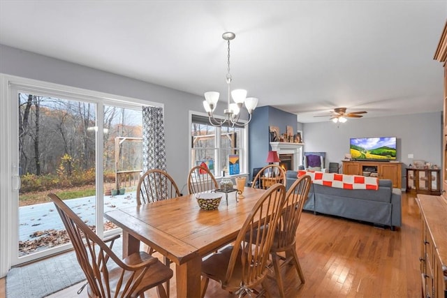 dining room with ceiling fan with notable chandelier and light hardwood / wood-style flooring