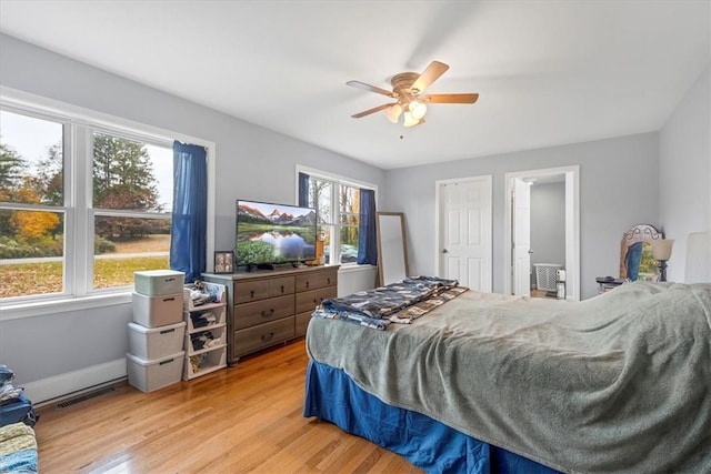 bedroom featuring ceiling fan and light hardwood / wood-style flooring