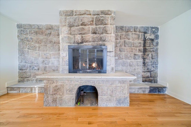 room details with a fireplace and wood-type flooring