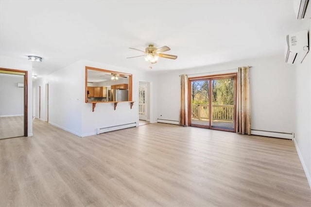 unfurnished living room featuring a baseboard radiator and light wood-type flooring