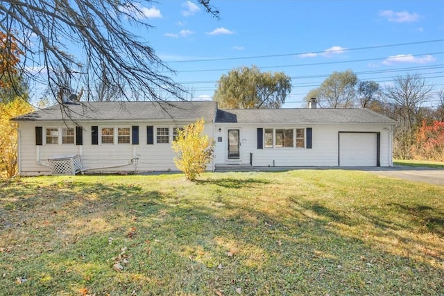 single story home featuring a garage and a front lawn