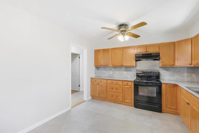 kitchen with black electric range oven, backsplash, sink, ceiling fan, and light tile patterned flooring