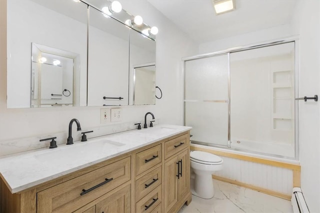 full bathroom with baseboard heating, shower / bath combination with glass door, vanity, and toilet