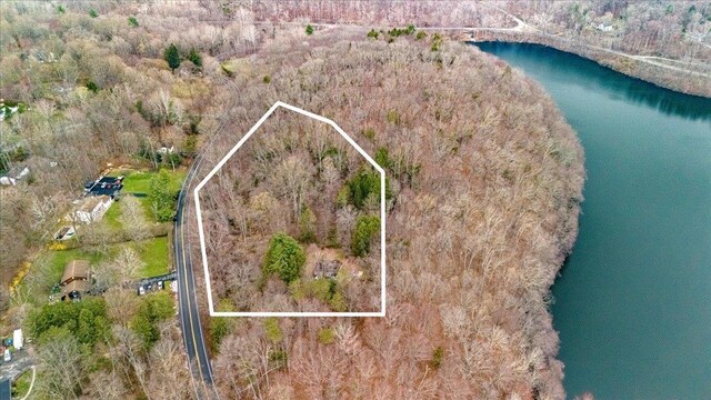 350 W Shore Dr, Carmel, NY 10512 - aerial view of property and surrounding area with a nearby body of water and property parcel outlined
