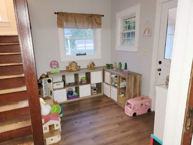 game room featuring dark wood-type flooring