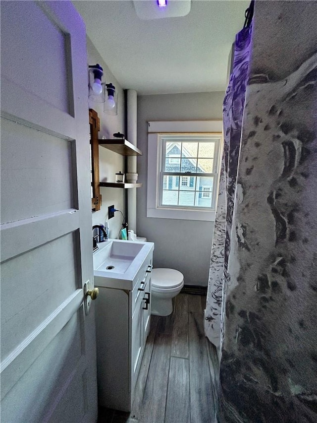 bathroom with vanity, toilet, and wood-type flooring