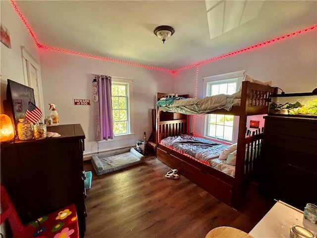 bedroom featuring baseboard heating, multiple windows, and dark wood-type flooring