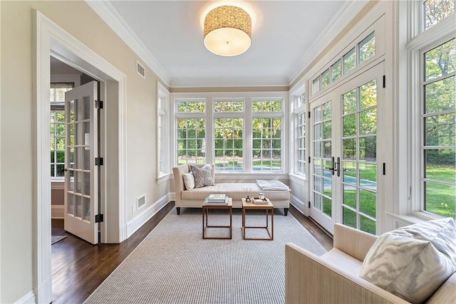 sunroom featuring french doors