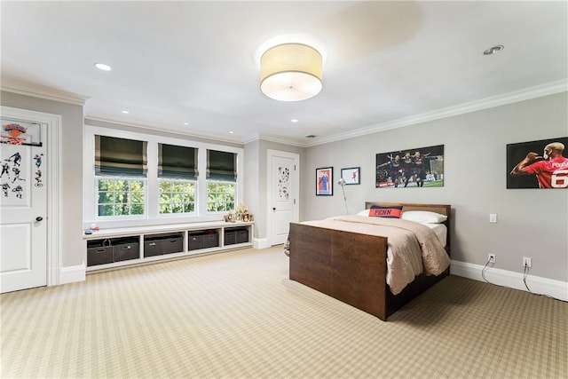 bedroom featuring carpet flooring and crown molding