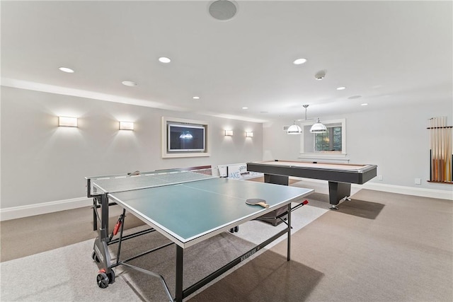 game room with light carpet and pool table