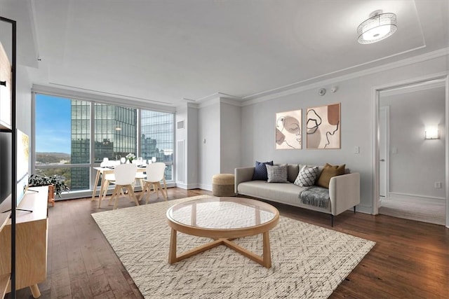 living room featuring ornamental molding, floor to ceiling windows, and dark wood-type flooring