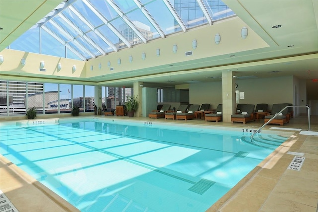 view of swimming pool featuring a patio and an outdoor hangout area