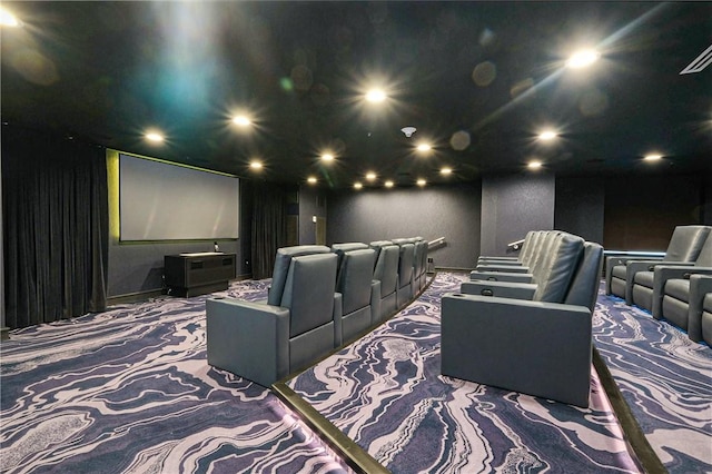 home theater with carpet floors