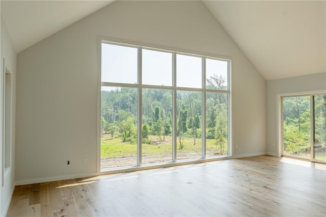 additional living space featuring light hardwood / wood-style floors and high vaulted ceiling