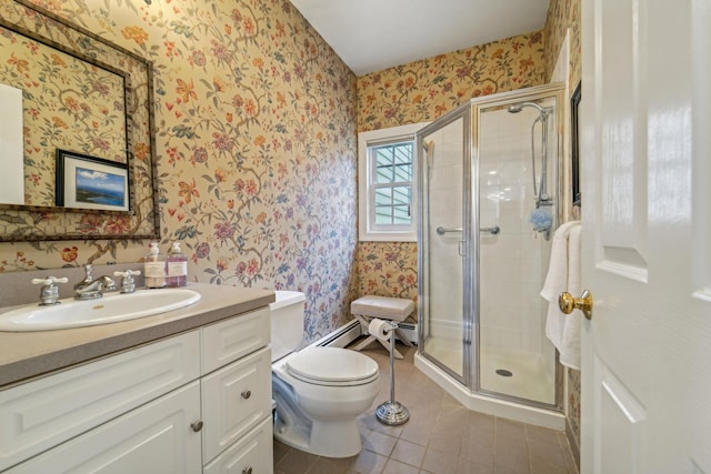 bathroom featuring toilet, a shower stall, vanity, and wallpapered walls