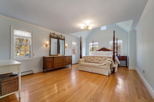 bedroom featuring a baseboard heating unit, an inviting chandelier, light wood-style flooring, and crown molding