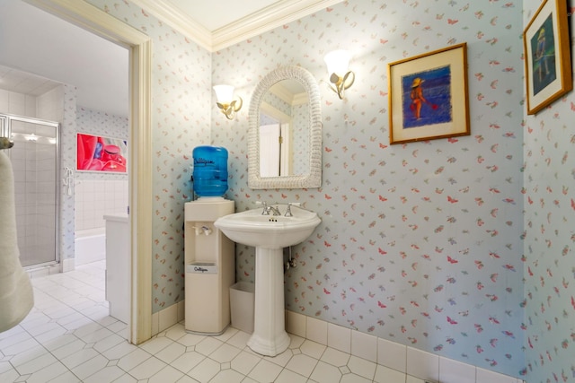 bathroom with wallpapered walls, tile patterned flooring, and crown molding