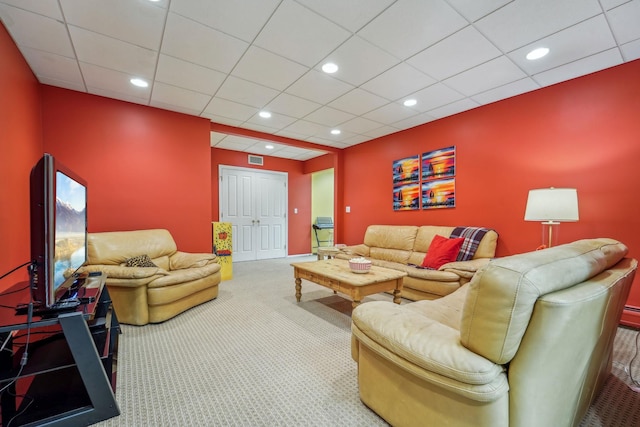 living room with visible vents, carpet flooring, and recessed lighting