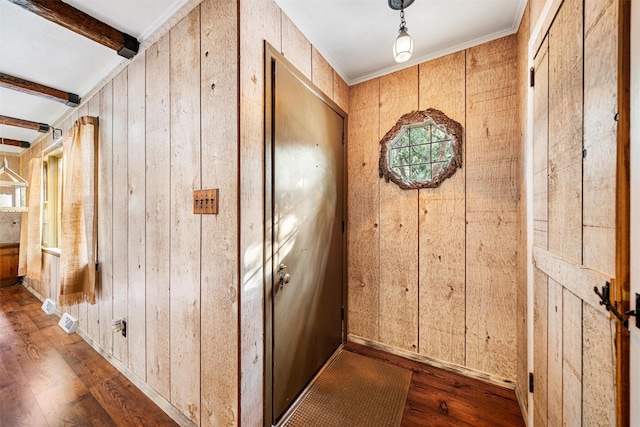 details featuring wood-type flooring, wooden walls, and beam ceiling