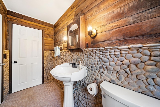 bathroom with toilet, wooden walls, and sink