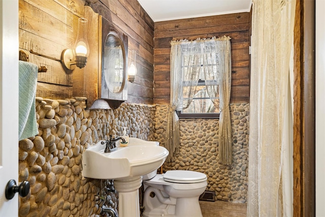 bathroom featuring wood walls, sink, and toilet