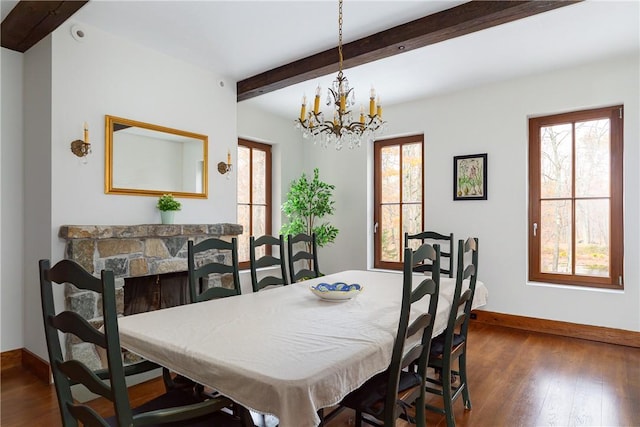 dining area featuring beamed ceiling and dark hardwood / wood-style flooring