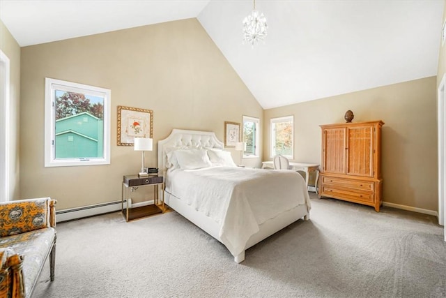 bedroom featuring carpet floors, baseboard heating, high vaulted ceiling, and a chandelier