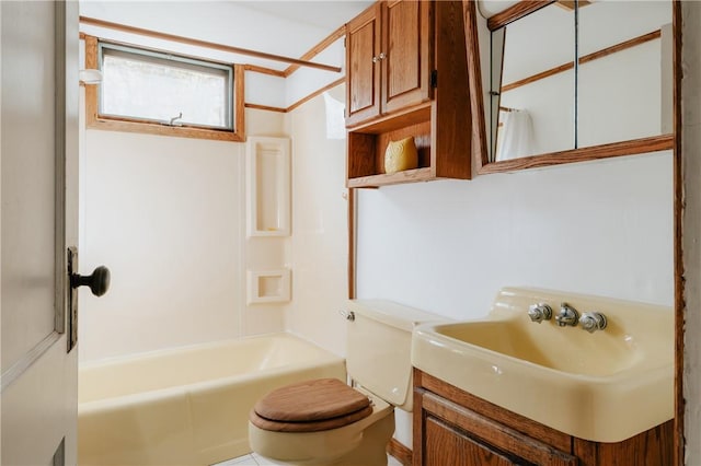 full bathroom with vanity, shower / bathtub combination, and toilet