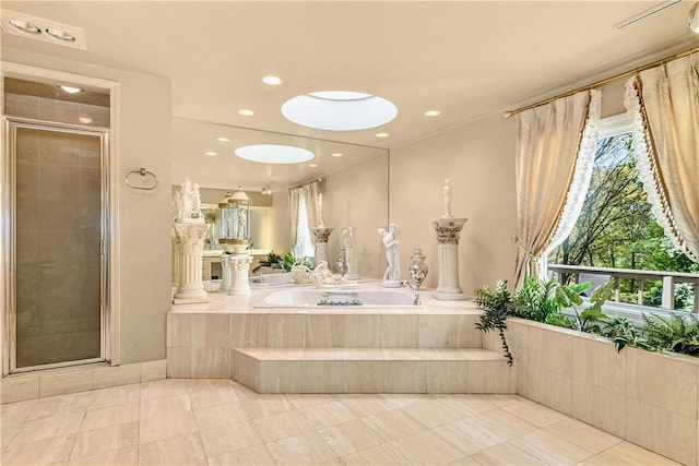 bathroom with tile patterned floors and plus walk in shower