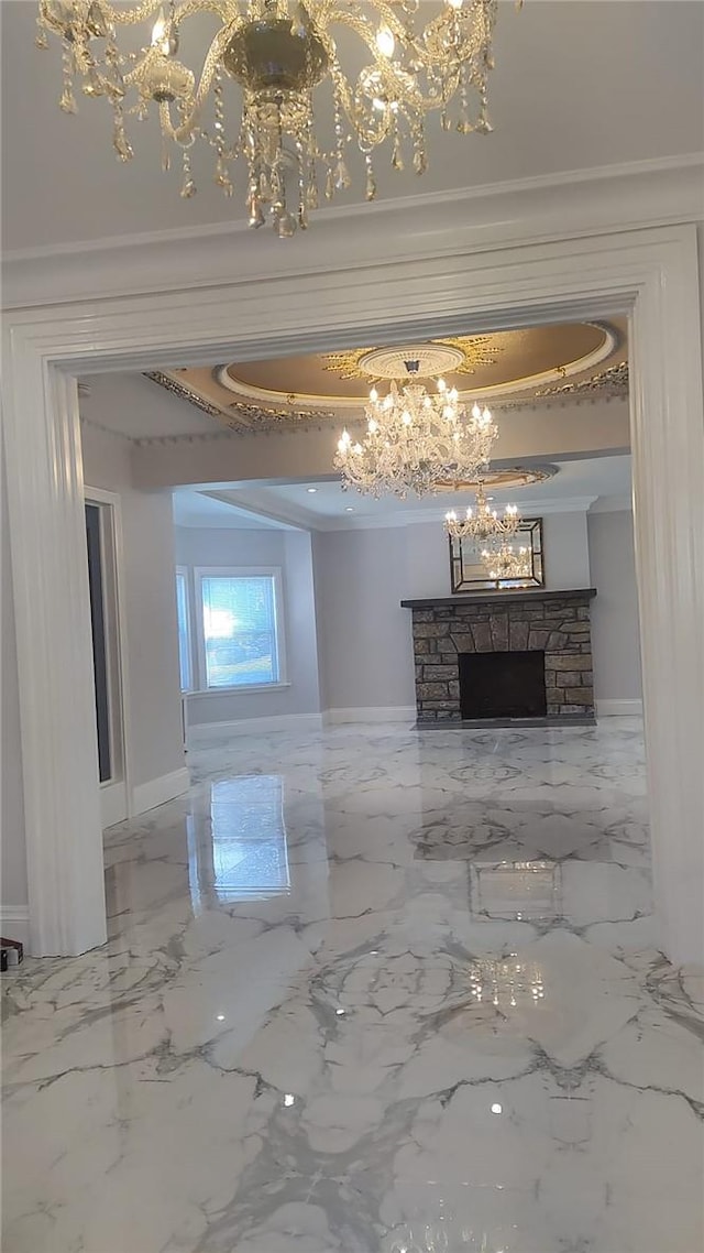 unfurnished living room featuring crown molding and a fireplace