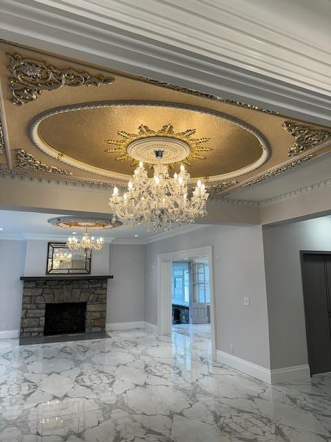 unfurnished living room featuring a stone fireplace and ornamental molding