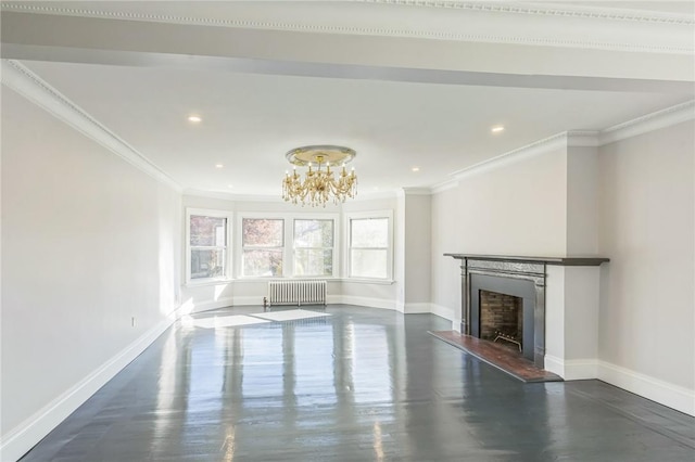 unfurnished living room with radiator, crown molding, and a chandelier