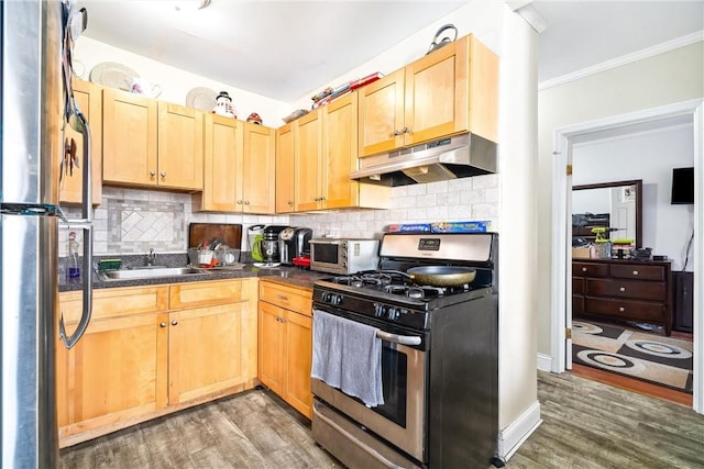 kitchen with backsplash, sink, dark hardwood / wood-style floors, ornamental molding, and appliances with stainless steel finishes