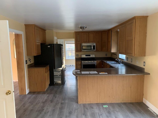 kitchen with kitchen peninsula, sink, wood-type flooring, and appliances with stainless steel finishes