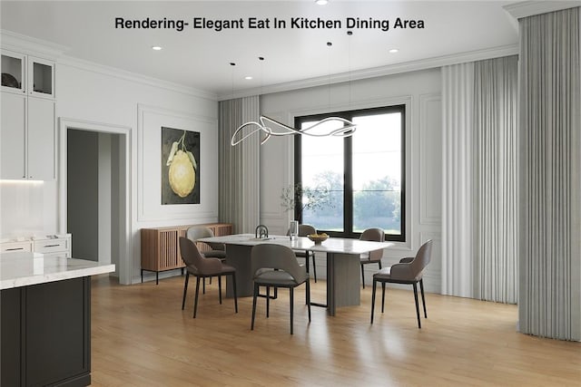 dining area featuring crown molding, light wood-style flooring, a decorative wall, and recessed lighting