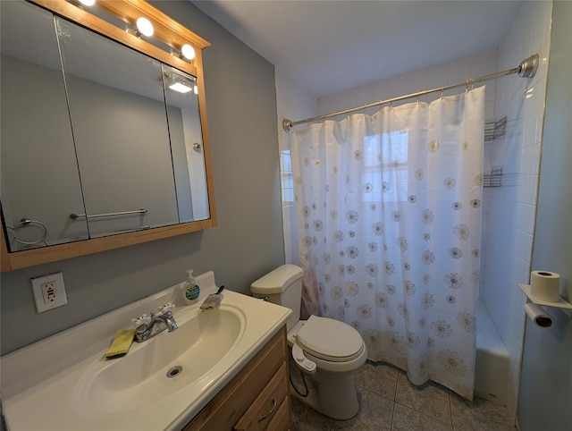 full bathroom featuring vanity, shower / bath combination with curtain, and toilet