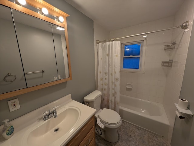 full bathroom featuring shower / bath combo, vanity, toilet, and tile patterned floors