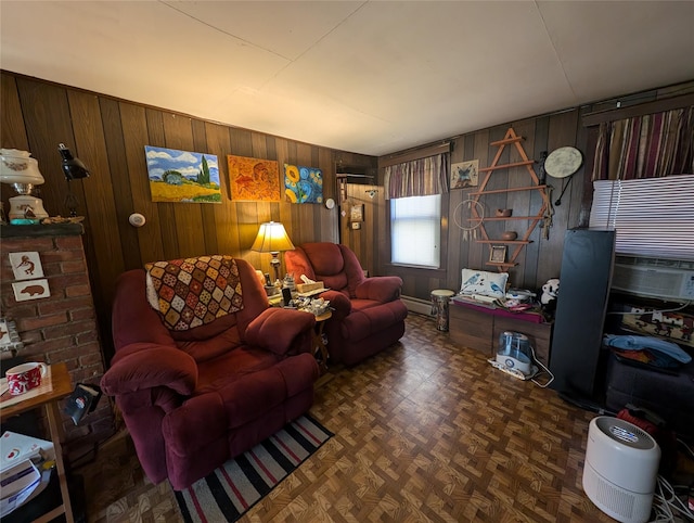 living room with wooden walls, cooling unit, and parquet flooring