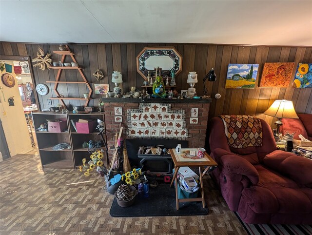 living room with wooden walls