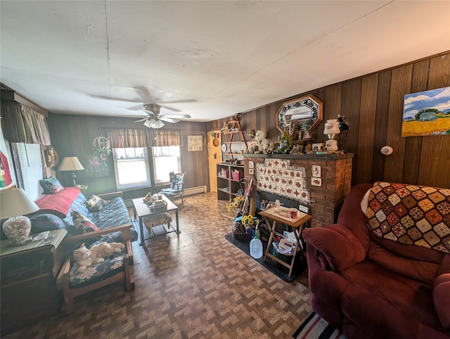 living room featuring wood walls, parquet floors, and ceiling fan