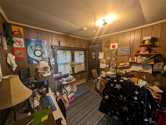 misc room featuring wood walls, carpet floors, and crown molding