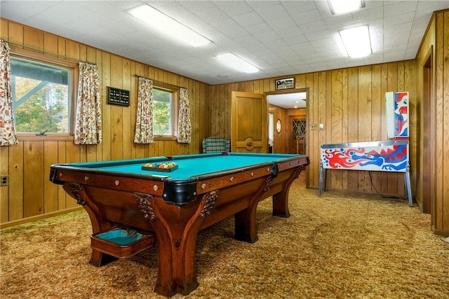 playroom with billiards, carpet floors, and wooden walls