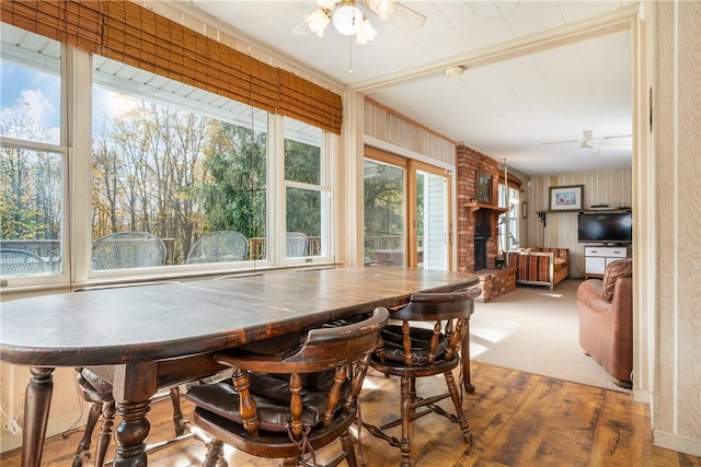 interior space with ceiling fan, carpet, and wood walls