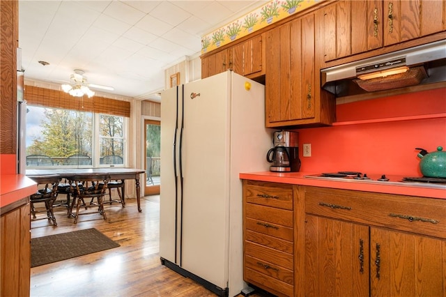 kitchen featuring ceiling fan, light hardwood / wood-style floors, white appliances, and ornamental molding