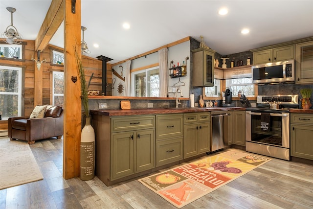 kitchen with a wealth of natural light, a wood stove, appliances with stainless steel finishes, and light hardwood / wood-style flooring