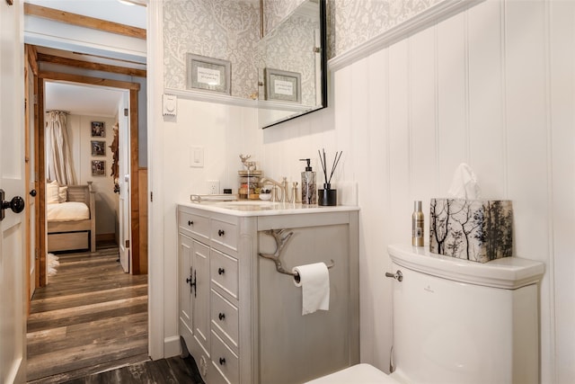 bathroom with wood-type flooring, vanity, and toilet